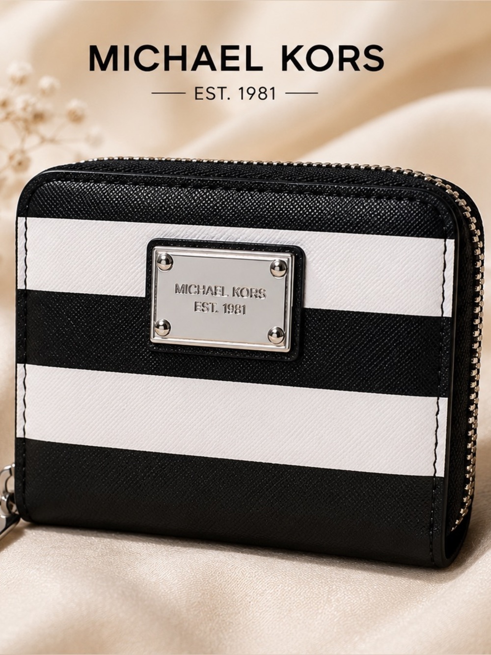 Michael Kors Black & White Striped Zip-Around Wallet with Silver Hardware